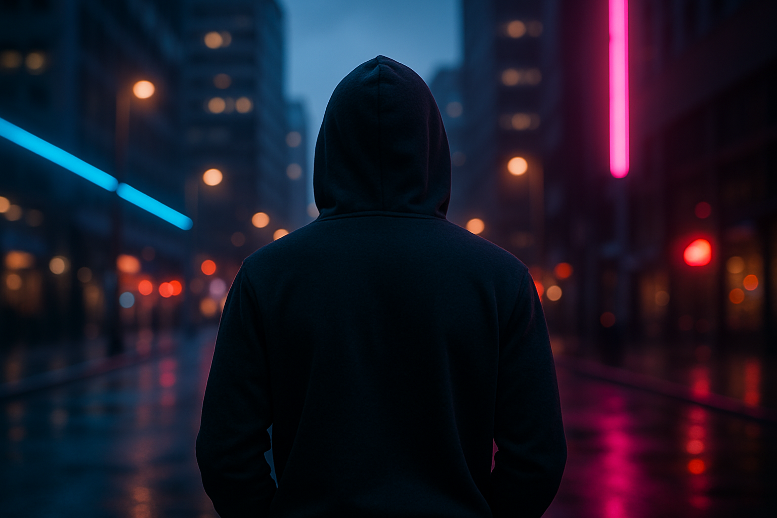 vygeneruj mi pozadí na eshop s oblečením. bude tam neurčitá postava v mikině s kapucou, otočený zády k divákovi, nějaké urbanistické pozadí. občas nějaký neonový efekt, hodně si pohraj se světlem a hloubkou ostrosti.